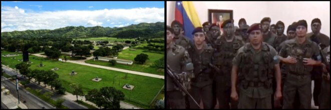 A gauche, une vue aérienne du fort Paramacay lors de l'attaque du 6 août | A droite, les mercenaires déguisés en militaires, appellent publiquement eux aussi à la rébellion A gauche, une vue aérienne du fort Paramacay lors de l'attaque du 6 août | A droite, les mercenaires déguisés en militaires, appellent publiquement eux aussi à la rébellion