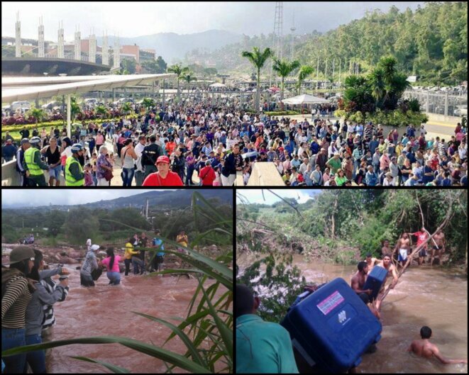 En haut, un centre de votation à Caracas | En bas à gauche, des personnes traversent une rivière pour éviter des barricades routières et aller voter | En bas à droite, des machines à voter sont acheminées d'urgence après que certaines aient été endommagées En haut, un centre de votation à Caracas | En bas à gauche, des personnes traversent une rivière pour éviter des barricades routières et aller voter | En bas à droite, des machines à voter sont acheminées d'urgence après que certaines aient été endommagées