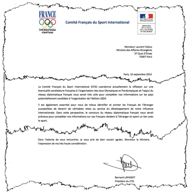 Lettre de Bernard Lapasset à Laurent Fabius © Document Mediapart Lettre de Bernard Lapasset à Laurent Fabius © Document Mediapart