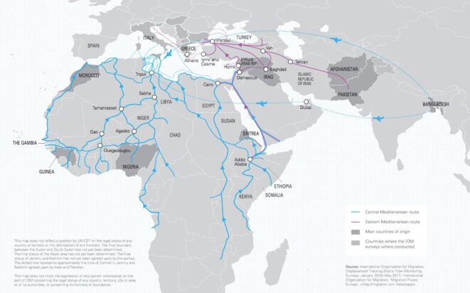 Les principales routes migratoires en 2017. Les principales routes migratoires en 2017.