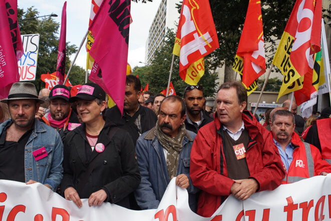 Éric Beynel et Cécile Gondard-Lalanne, porte-paroles de Solidaires, et Philippe Martinez, secrétaire général de la CGT © AP Éric Beynel et Cécile Gondard-Lalanne, porte-paroles de Solidaires, et Philippe Martinez, secrétaire général de la CGT © AP