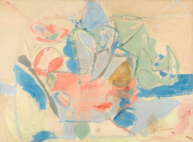 Frankenthaler, « Mountains and Sea », 1952, 219,14 x 297,8 cm, © Helen Frankenthaler Foundation/ARS Frankenthaler, « Mountains and Sea », 1952, 219,14 x 297,8 cm, © Helen Frankenthaler Foundation/ARS