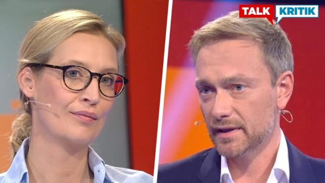 Alice Weidel candidate de l'AfD; Christian Lindner candidat du FDP © SAT1 Alice Weidel candidate de l'AfD; Christian Lindner candidat du FDP © SAT1