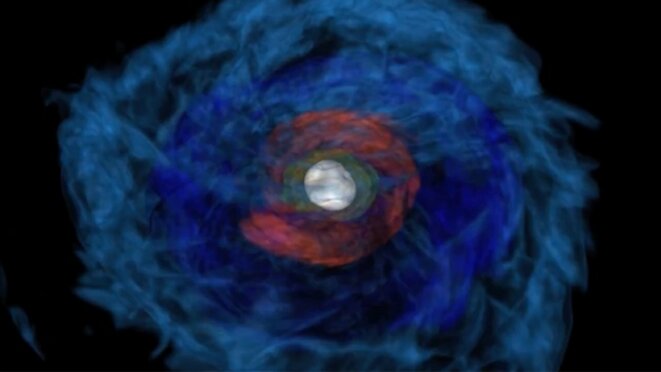 Image de simulation de la danse entre deux étoiles à neutrons © CALTECH