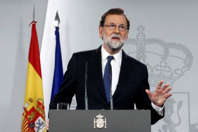 Samedi 21 octobre 2017 : le premier ministre espagnol Mariano Rajoy annonce les mesures liées à l'article 155 qui suspendent l'autonomie de la Catalogne © Reuters