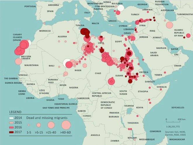 A map showing the estimates by the International Organization for Migration of the sites of the deaths and disappearances of migrants (from 2014-2017) in countries on major migration routes to Europe. © IOM A map showing the estimates by the International Organization for Migration of the sites of the deaths and disappearances of migrants (from 2014-2017) in countries on major migration routes to Europe. © IOM