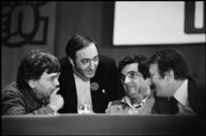 Didier Motchane, Pierre Guidoni, Jean-Pierre Chevènement et Georges Sarre (Congrès de Metz du PS, avril 1979)
