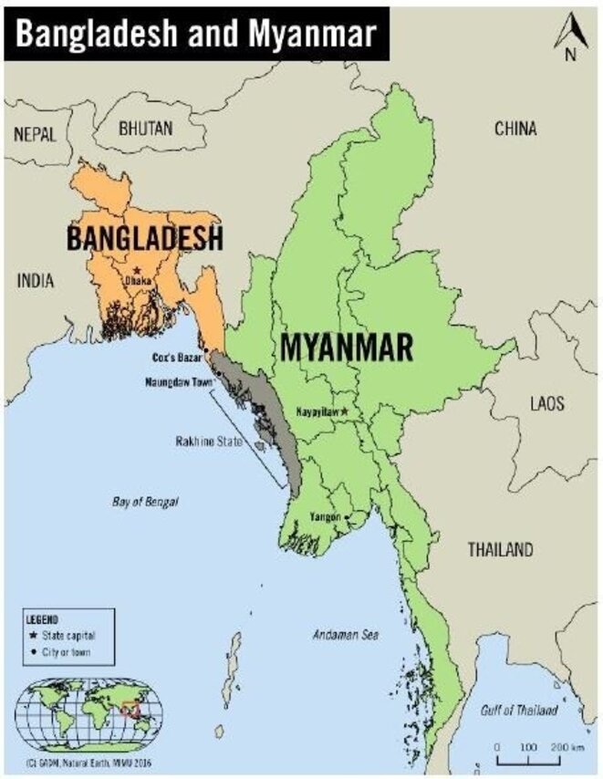 En gris, l'Arakan (appelé aussi Rakhine), Etat de l'ouest du Myanmar (nom actuel de la Birmanie) © DR En gris, l'Arakan (appelé aussi Rakhine), Etat de l'ouest du Myanmar (nom actuel de la Birmanie) © DR