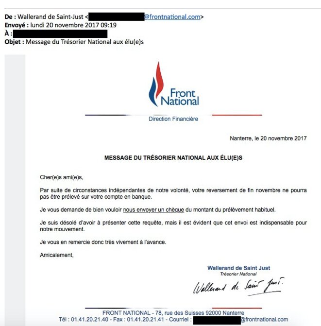 Email envoyé par Wallerand de Saint-Just aux élus du FN. © Document Mediapart Email envoyé par Wallerand de Saint-Just aux élus du FN. © Document Mediapart