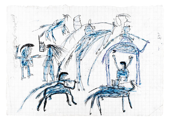 Darfour, 2005. Par Doa 11-12 ans. Camp de réfugiés sur la frontière entre le Soudan et le Tchad. Ce dessin montre les janjawids sur des chevaux et des chameaux, une femme lève ses bras en l’air car elle est ciblée en vue de violence sexuelle ou d’exécution. Un soldat prend une femme pour la violer. Elle a un téléphone portable à côté de sa tête : “ Elle veut appeler à l’aide les organismes ”. HRW a changé le prénom de l’enfant pour sa protection. © HRW Darfour, 2005. Par Doa 11-12 ans. Camp de réfugiés sur la frontière entre le Soudan et le Tchad. Ce dessin montre les janjawids sur des chevaux et des chameaux, une femme lève ses bras en l’air car elle est ciblée en vue de violence sexuelle ou d’exécution. Un soldat prend une femme pour la violer. Elle a un téléphone portable à côté de sa tête : “ Elle veut appeler à l’aide les organismes ”. HRW a changé le prénom de l’enfant pour sa protection. © HRW
