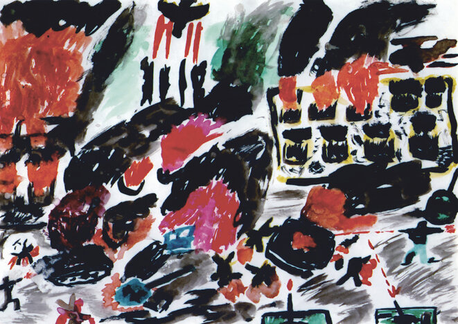 Tchétchénie, 2000. Dessin réalisé par un enfant tchétchène réfugié dans un camp en Ingouchie. © Patrick Chauvel Tchétchénie, 2000. Dessin réalisé par un enfant tchétchène réfugié dans un camp en Ingouchie. © Patrick Chauvel