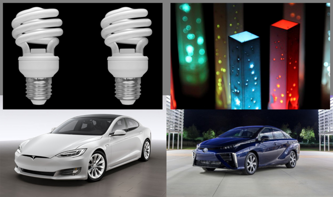 Tesla=fluocompactes vs. Mirai=LEDs © Montage par Jean-Lucien Hardy, Mediapart (photo LEDs par Jared Tarbell sous licence Creative Commons) Tesla=fluocompactes vs. Mirai=LEDs © Montage par Jean-Lucien Hardy, Mediapart (photo LEDs par Jared Tarbell sous licence Creative Commons)
