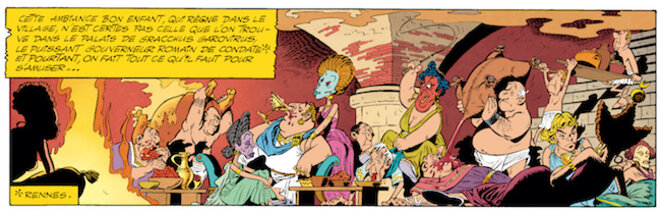 Dans Astérix chez les Helvètes (1970), Goscinny et Uderzo transposent la scène de l’orgie romaine du Satyricon de Fellini. © Editions Albert René Dans Astérix chez les Helvètes (1970), Goscinny et Uderzo transposent la scène de l’orgie romaine du Satyricon de Fellini. © Editions Albert René