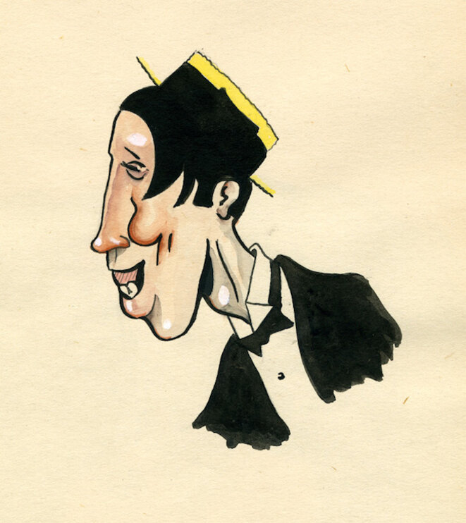 Fernandel. Ces caricatures ont été dessinées par René Goscinny entre 1950 et 1954 pour l’hebdomadaire belge Le Moustique. Elles témoignent de sa fascination pour le cinéma. Crédit : © René Goscinny Fernandel. Ces caricatures ont été dessinées par René Goscinny entre 1950 et 1954 pour l’hebdomadaire belge Le Moustique. Elles témoignent de sa fascination pour le cinéma. Crédit : © René Goscinny