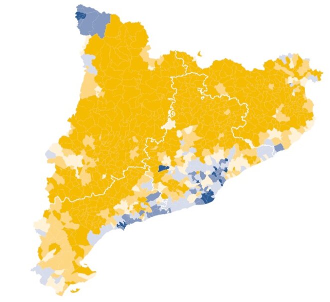 En jaune, la Catalogne indépendantiste © El Diario.