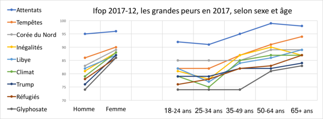 Ifop 2017-12, les peurs, selon le sexe et l’âge. Ifop 2017-12, les peurs, selon le sexe et l’âge.