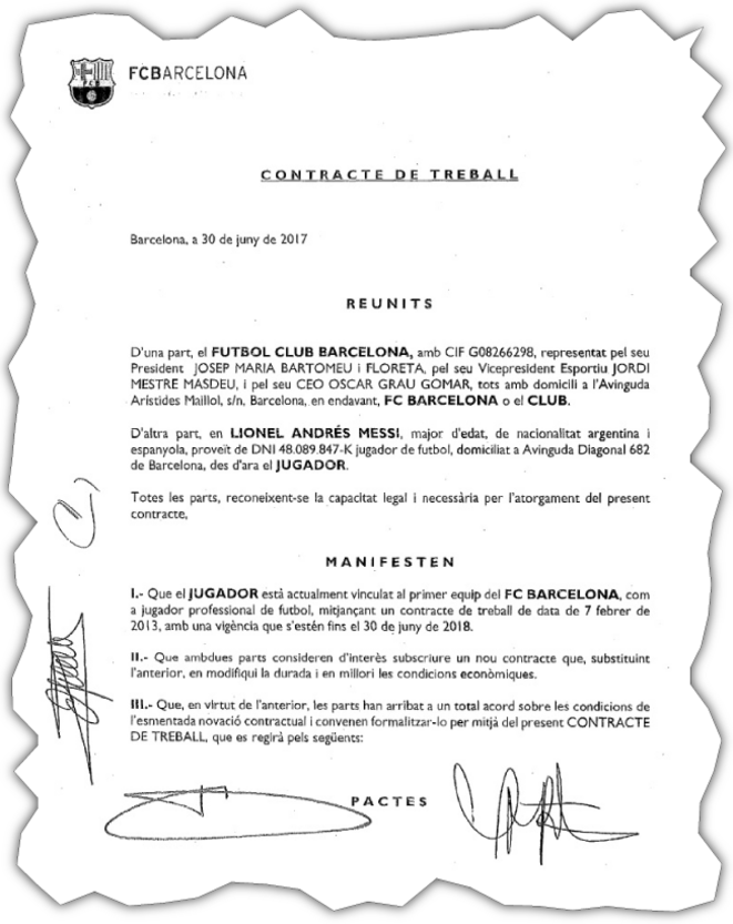 The first page of Lionel Messi's employment contract dated June 30th, 2017. © EIC The first page of Lionel Messi's employment contract dated June 30th, 2017. © EIC