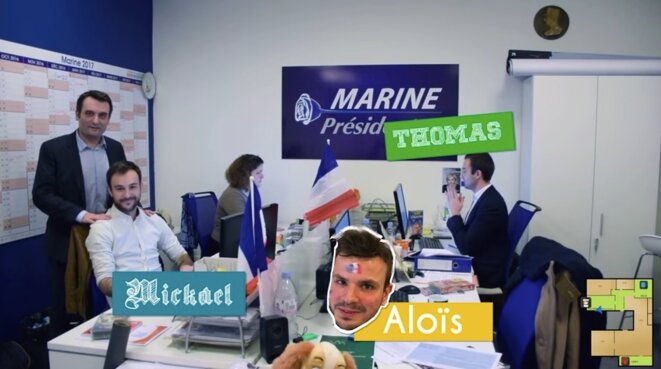 Mickaël Ehrminger avec Florian Philippot et le pôle "rédaction" dans la vidéo de présentation du QG. © Chaîne Youtube de Florian Philippot Mickaël Ehrminger avec Florian Philippot et le pôle "rédaction" dans la vidéo de présentation du QG. © Chaîne Youtube de Florian Philippot
