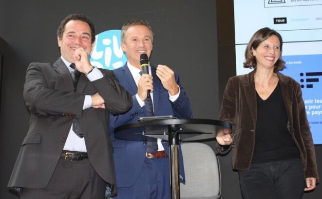Jean-Frédéric Poisson, Nicolas Dupont-Aignan et Emmanuelle Ménard lors du lancement des Amoureux de la France