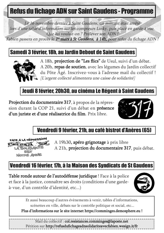 Programme de février, en soutien à Fabien © Collectif Résistances en COmminges Programme de février, en soutien à Fabien © Collectif Résistances en COmminges