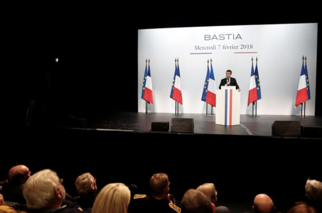 Discours d’Emmanuel Macron au centre culturel Alb’Oru (Bastia), le 7 février. © Reuters