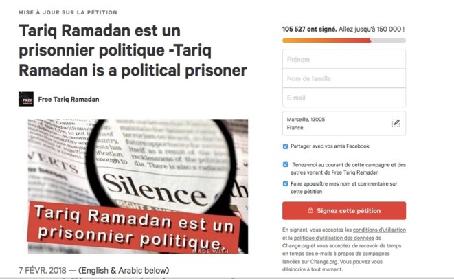 Autre pétition en faveur de la libération de Tariq Ramadan le présentant cette fois comme un prisonnier politique. Autre pétition en faveur de la libération de Tariq Ramadan le présentant cette fois comme un prisonnier politique.