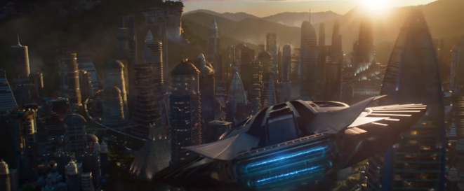 L'arrivée au Wakanda, avec le minaret de Tombouctou au bout de l'aile gauche, Black Panther trailer L'arrivée au Wakanda, avec le minaret de Tombouctou au bout de l'aile gauche, Black Panther trailer