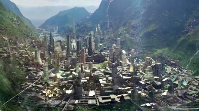 Vue globale de la capitale du Wakanda, Black Panther, image promotionnelle Vue globale de la capitale du Wakanda, Black Panther, image promotionnelle