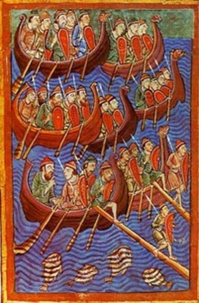 Représentation des Vikings datant du XIIe siècle : les Danois sur le point d'envahir l'Angleterre.