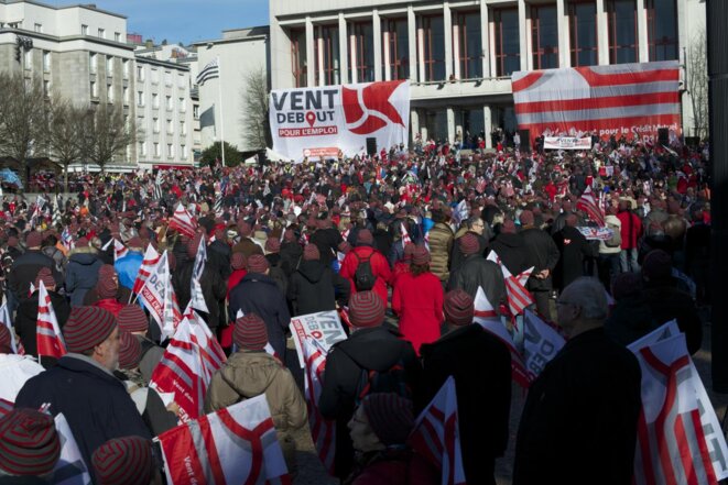 Manifestation pour le crédit mutuel Arkéa à Brest, en 2016 Manifestation pour le crédit mutuel Arkéa à Brest, en 2016
