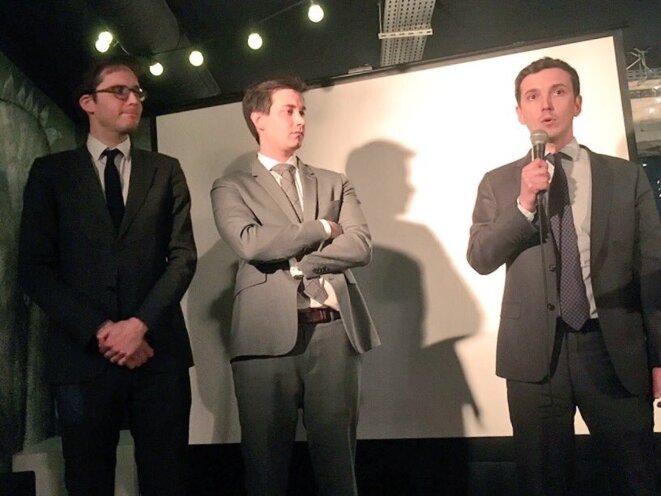 Les députés LREM Pierre Person, Pacôme Rupin et Aurélien Taché lors d'une soirée consacrée à la politique migratoire du gouvernement, le 5 mars 2018 à Paris. © LREM Paris XIe Les députés LREM Pierre Person, Pacôme Rupin et Aurélien Taché lors d'une soirée consacrée à la politique migratoire du gouvernement, le 5 mars 2018 à Paris. © LREM Paris XIe