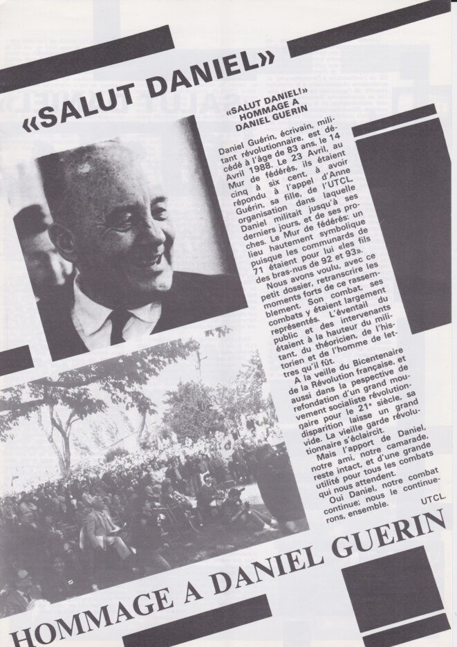 « Salut Daniel », hommage à Daniel Guérin de l'UTCL en 1988 © FACL