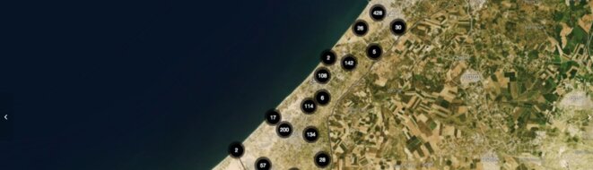 The Gaza Platform (An interactive map of attacks by Israeli forces on Gaza from 8 July – 26 August) 2014. © Forensic Architecture The Gaza Platform (An interactive map of attacks by Israeli forces on Gaza from 8 July – 26 August) 2014. © Forensic Architecture