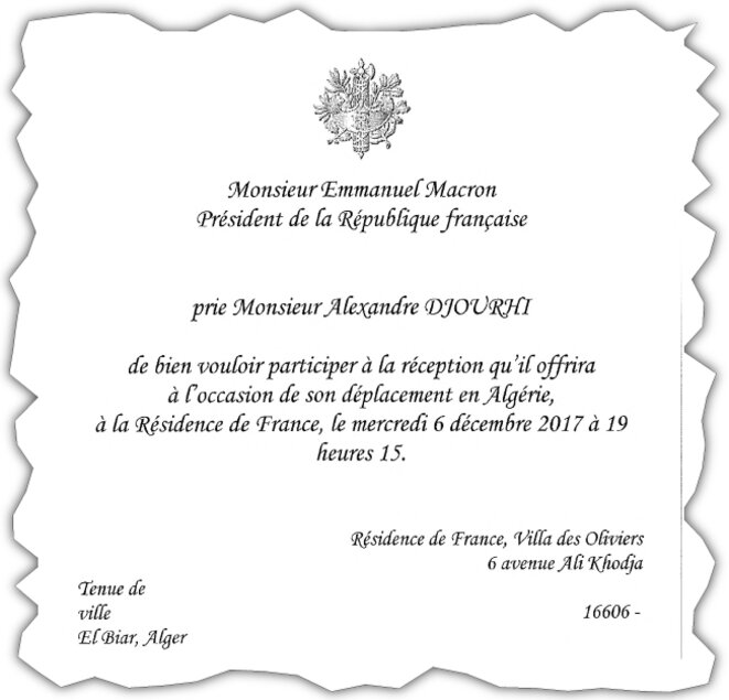 Le carton d'invitation d'Alexandre Djouhri transmis par l'ambassade de France. © Dr Le carton d'invitation d'Alexandre Djouhri transmis par l'ambassade de France. © Dr