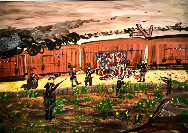Ceija Stojka, "Déportation dans un camp d'extermination", Huile sur carton, 1994 © Ceija Stojka Ceija Stojka, "Déportation dans un camp d'extermination", Huile sur carton, 1994 © Ceija Stojka