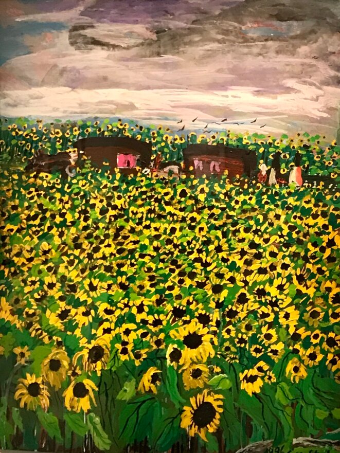 Ceija Stocka,"Voyage d'été dans un champ de tournesols", Acrylique sur toile © Ceija Stojka Ceija Stocka,"Voyage d'été dans un champ de tournesols", Acrylique sur toile © Ceija Stojka