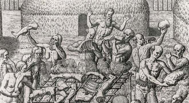 Cannibalisme au Brésil en 1557 décrit par Hans Staden. © DR Cannibalisme au Brésil en 1557 décrit par Hans Staden. © DR