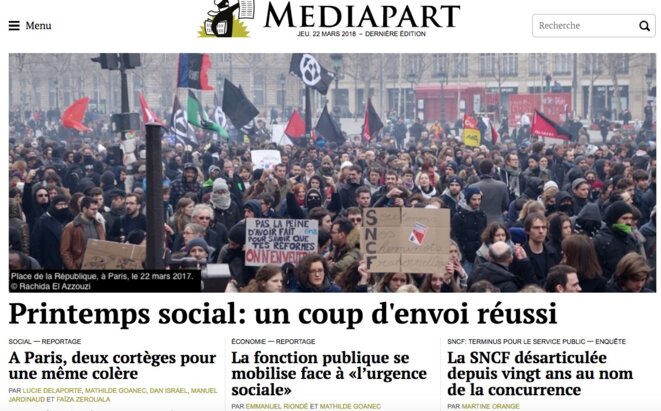 La une de Mediapart, le 22 mars 2018. La une de Mediapart, le 22 mars 2018.
