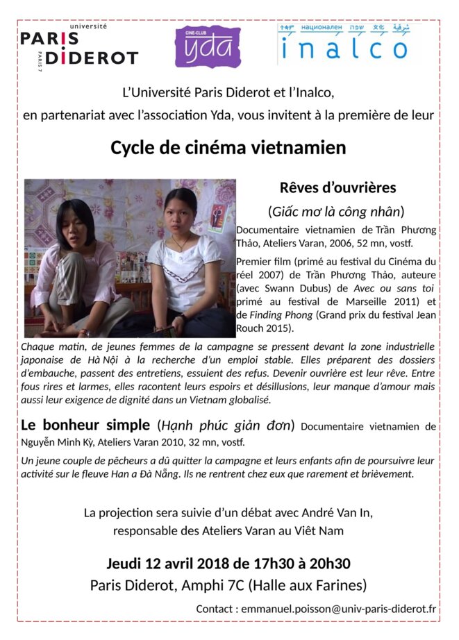 Affiche de la projection-débat du 12 avril 2018 avec les documentaires "Rêves d'ouvrières" et "Le bonheur simple", Université Paris Diderot © P7