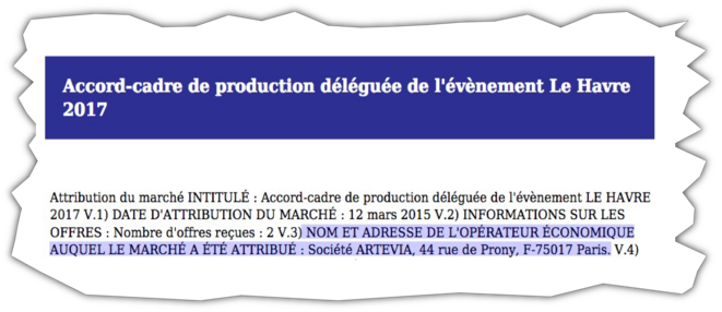 Extrait de l'avis de marché, qui attribue la production de l'événement à l'entreprise Artevia et non à un groupement © DR Extrait de l'avis de marché, qui attribue la production de l'événement à l'entreprise Artevia et non à un groupement © DR