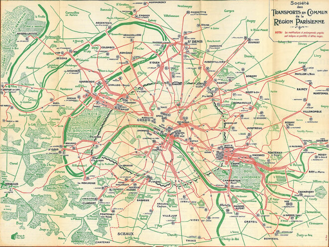 Plan du réseau de tramway d'Île-de-France en 1921 © Société des Transports en Commun de la Région Parisienne Plan du réseau de tramway d'Île-de-France en 1921 © Société des Transports en Commun de la Région Parisienne