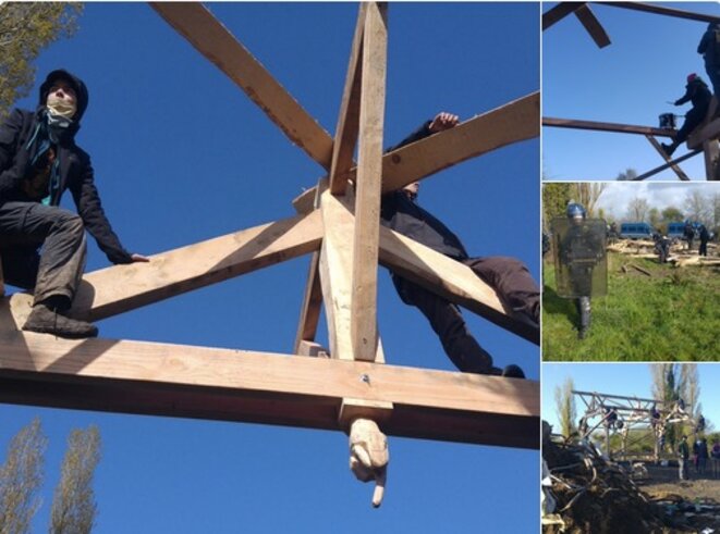 Le «Gourbi» reconstruit par la ZAD dimanche 15 avril et détruit par les gendarmes le 16 (@ZAD_NDDL). Le «Gourbi» reconstruit par la ZAD dimanche 15 avril et détruit par les gendarmes le 16 (@ZAD_NDDL).