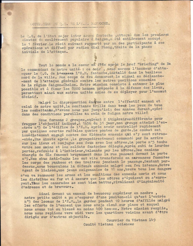 Occupation du QG de l’Etat Major fantoche le 1er février à Saïgon, courrier Vietnam 149 © Comité Vietnam sciences Occupation du QG de l’Etat Major fantoche le 1er février à Saïgon, courrier Vietnam 149 © Comité Vietnam sciences
