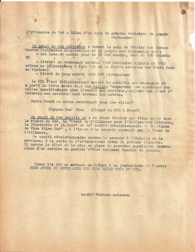 Occupation du QG de l’Etat Major fantoche le 1er février à Saïgon, courrier Vietnam 149, suite © Comité Vietnam sciences Occupation du QG de l’Etat Major fantoche le 1er février à Saïgon, courrier Vietnam 149, suite © Comité Vietnam sciences