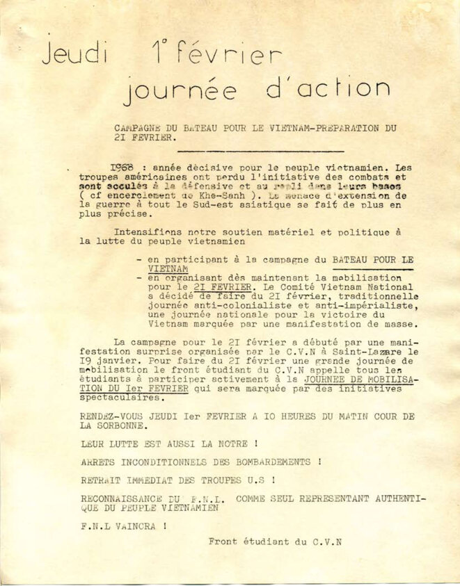 Journée d'action Jeudi 1er février; Campagne du bateau pour le Vietnam, préparation de la mobilisation du 21 février © Front étudiants Comité Vietnam National, C.V.N. Journée d'action Jeudi 1er février; Campagne du bateau pour le Vietnam, préparation de la mobilisation du 21 février © Front étudiants Comité Vietnam National, C.V.N.