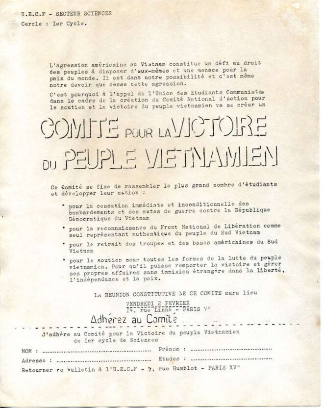 Création du comité national d’action pour le soutien et la victoire du peuple vietnamien le 2 février 68 © UECF, secteur sciences, Jussieu Création du comité national d’action pour le soutien et la victoire du peuple vietnamien le 2 février 68 © UECF, secteur sciences, Jussieu