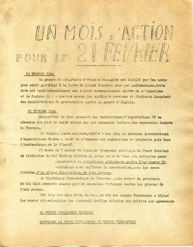 21 février 1944 - 21février 1968; appel à la manifestation © Comités Vietnam de base lycéens et étudiants 21 février 1944 - 21février 1968; appel à la manifestation © Comités Vietnam de base lycéens et étudiants