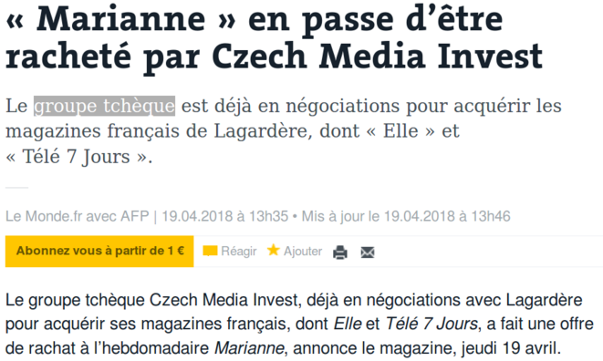 http://www.lemonde.fr/actualite-medias/article/2018/04/19/marianne-en-passe-d-etre-rachete-par-czech-media-invest_5287713_3236.html http://www.lemonde.fr/actualite-medias/article/2018/04/19/marianne-en-passe-d-etre-rachete-par-czech-media-invest_5287713_3236.html