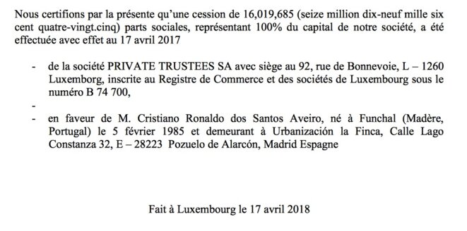 Suite à nos questions sur son trust à Jersey, Ronaldo l'a dissous et détient désormais directement sa société luxembourgeoise CRS Holding © EIC Suite à nos questions sur son trust à Jersey, Ronaldo l'a dissous et détient désormais directement sa société luxembourgeoise CRS Holding © EIC