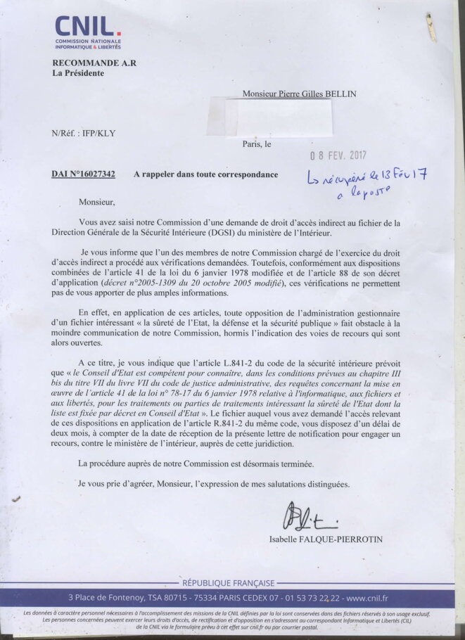 Réponse-type de la Commission Nationale Informatique et Liberté au fiché qui demande s'il est fiché. Réponse-type de la Commission Nationale Informatique et Liberté au fiché qui demande s'il est fiché.